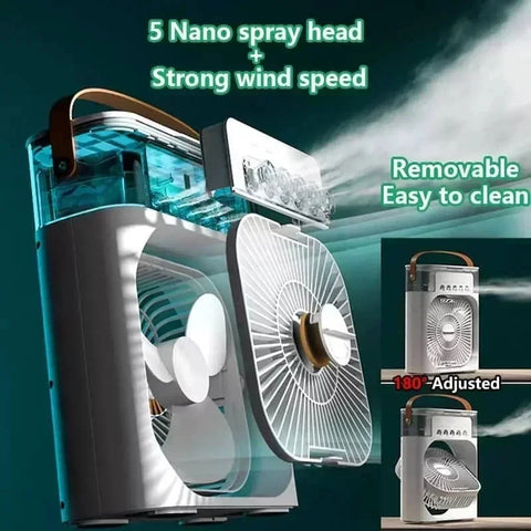 10-Inch Desktop Water Mist Fan – Portable Humidifier Air Cooler with 5-Hole Spray, 3 Speed Modes, and LED Night Light (Not Rechargeable)