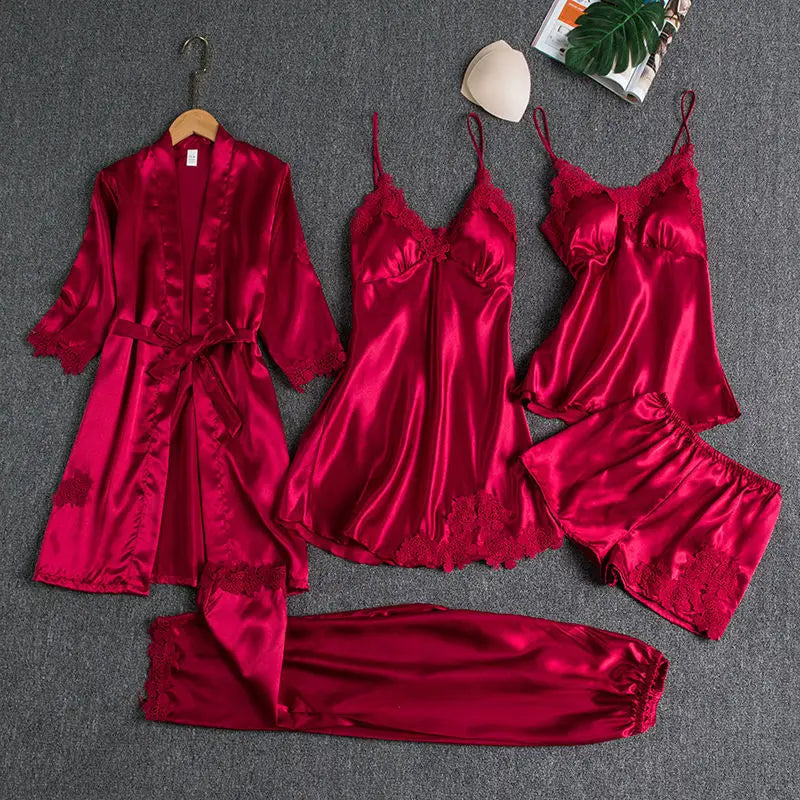 Customizable Sleepwear Female 5PCS Pajamas Set Satin Pyjamamas Lace Bridal Wedding Nightwear Rayon Home Wear Nighty&Robe Suits