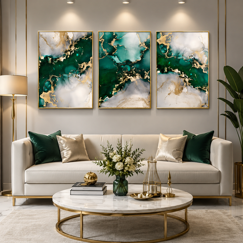 3 Panel Emerald Green Abstract Marble Wall Art – Premium Luxury Gold Canvas Print | Modern Home & Office Decor