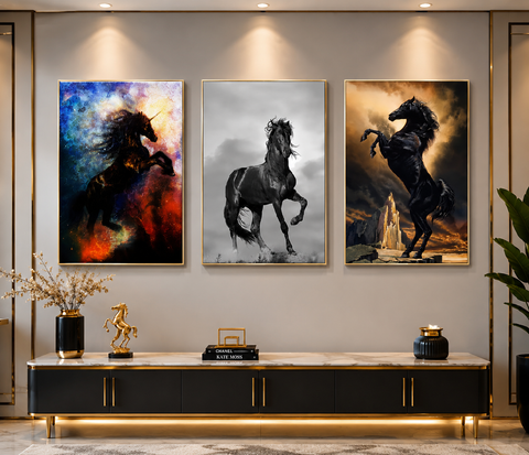 3-Piece Majestic Black Horse Canvas Wall Art Set – Luxury Equestrian Prints for Living Room, Bedroom & Office Décor