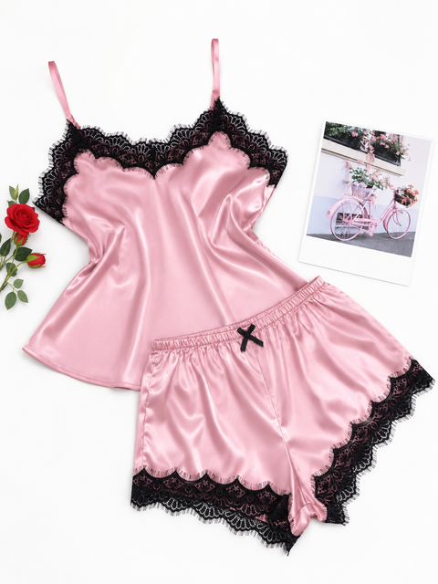 Summer Lace Silk Pajama Set for Women Sleepwear Sexy Lingerie Cami Top and Shorts Sets Comfortable Casual Pijamas