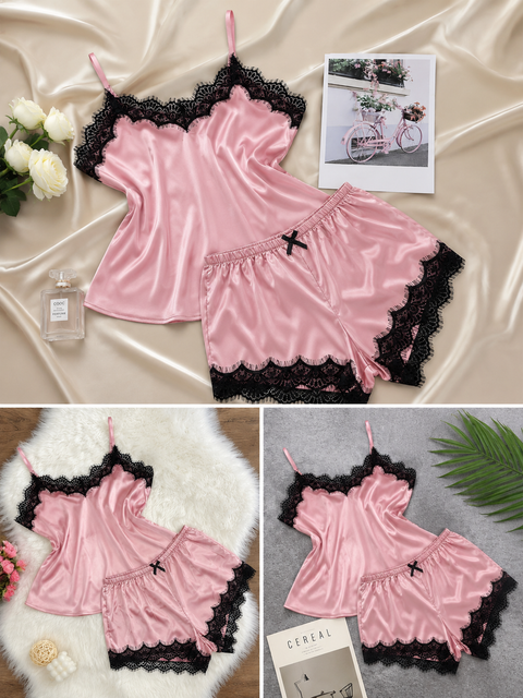 Summer Lace Silk Pajama Set for Women Sleepwear Sexy Lingerie Cami Top and Shorts Sets Comfortable Casual Pijamas