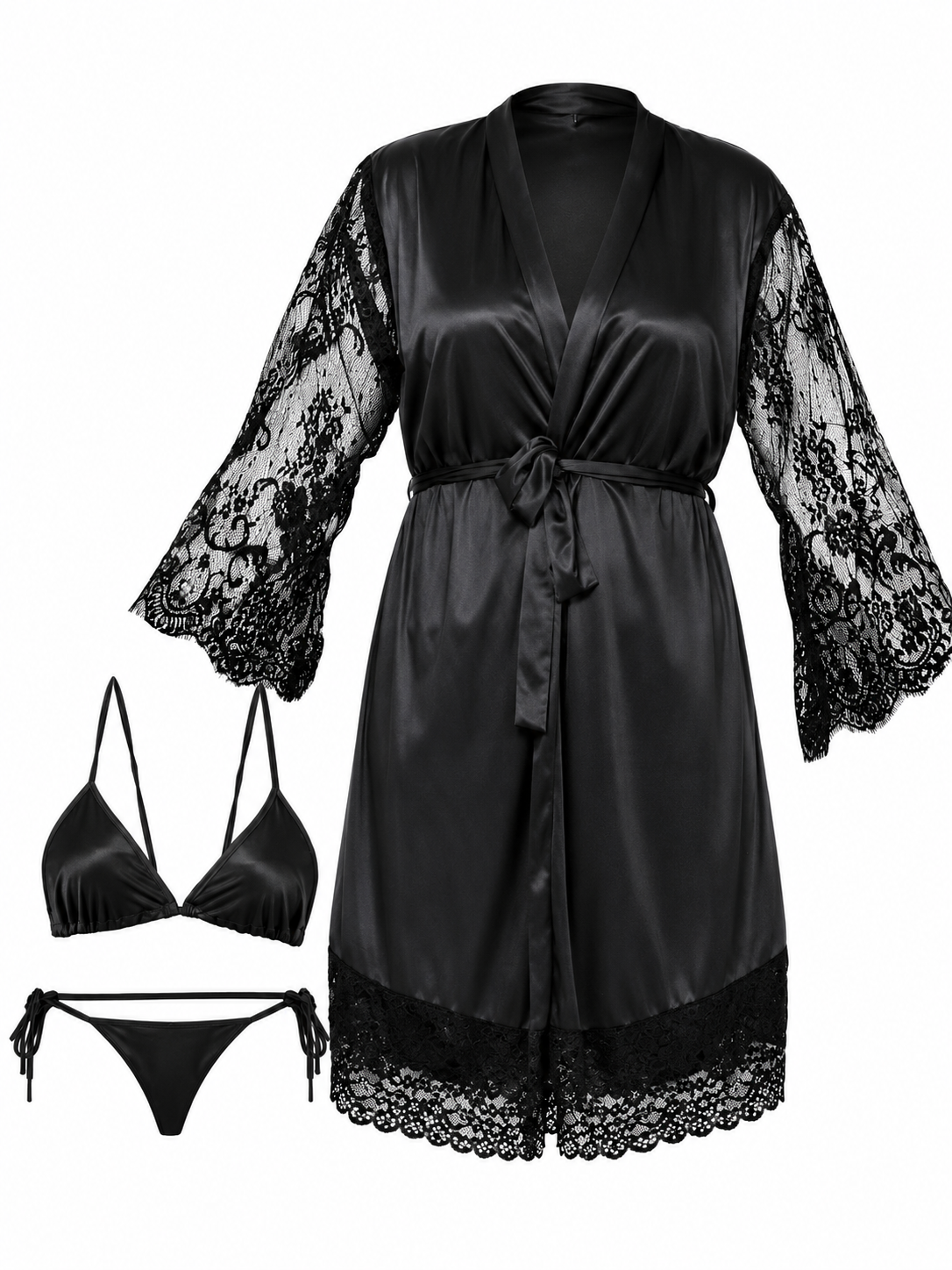 Two Hearts Imported 3-Pcs Satin & Lace Nightwear Set
