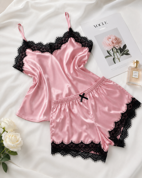Summer Lace Silk Pajama Set for Women Sleepwear Sexy Lingerie Cami Top and Shorts Sets Comfortable Casual Pijamas