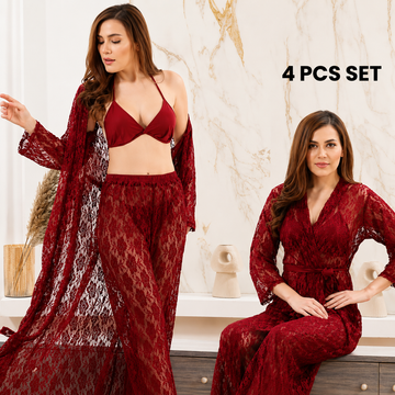 4Pcs Premium Bridal Lace Nighty Set | Elegant Sheer Net Sleepwear