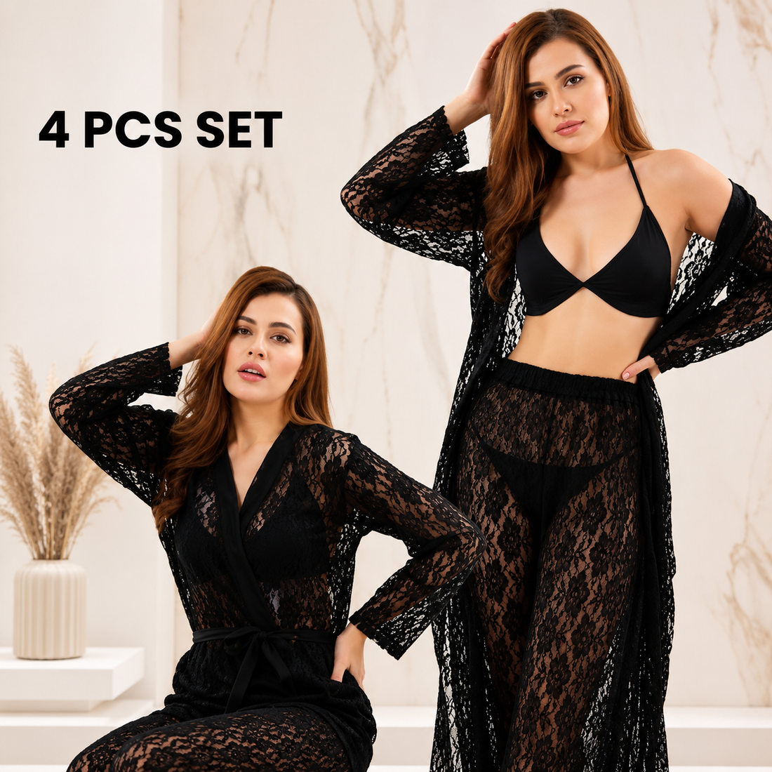 4Pcs Premium Bridal Lace Nighty Set | Elegant Sheer Net Sleepwear