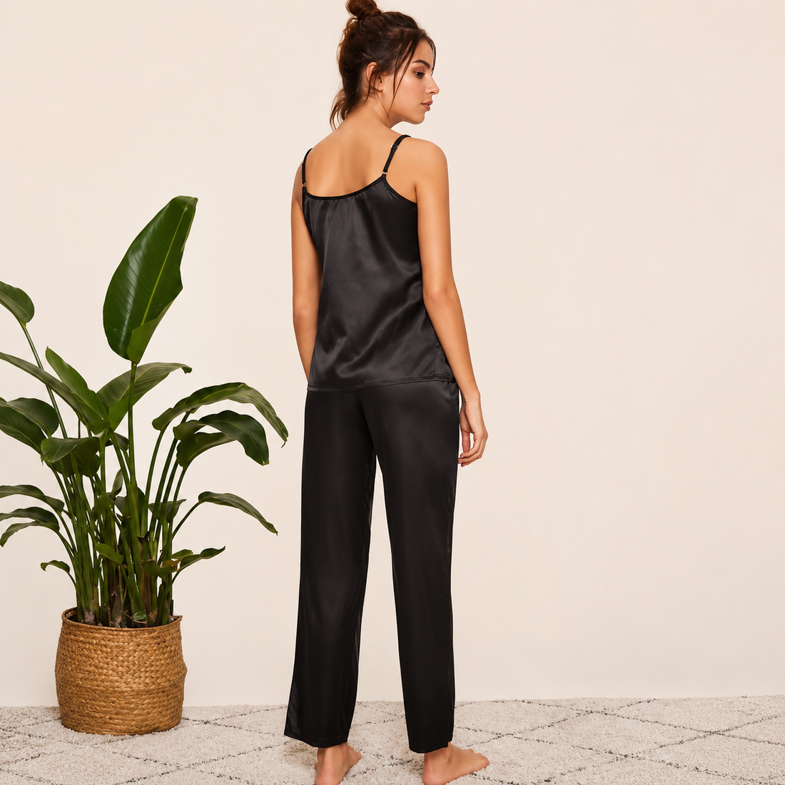 Luxury Black Satin Cami & Pajama Set for Women – Premium Silk Feel Nightwear